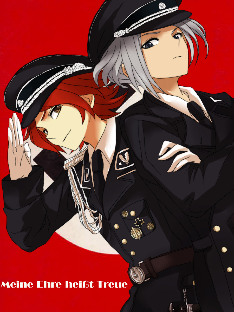 aiguillette, bad_id, ecror, german, hat, highres, inazuma_eleven, military, military_uniform, multiple_boys, nagumo_haruya, red_hair, redhead, suzuno_fuusuke, uniform, white_hair
