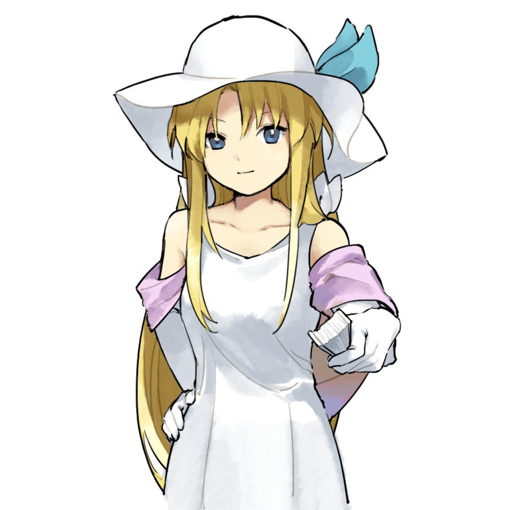 1girl, bare_shoulders, blonde_hair, blue_eyes, dress, elbow_gloves, gloves, hat