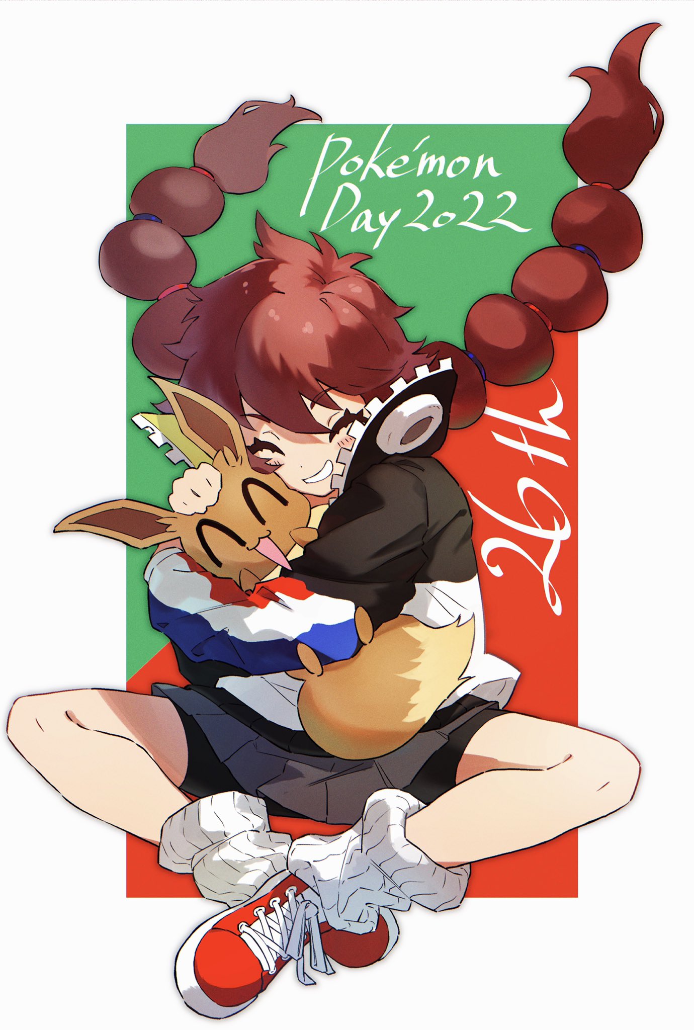 1girl, ^_^, anniversary, bangs, bike_shorts_under_skirt, blush, border, brown_hair