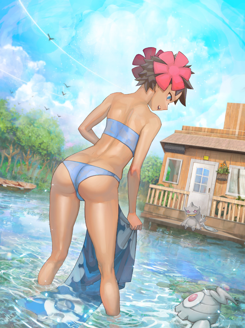 1girl, ass, banette, blue_eyes, blue_swimsuit, boat, brown_hair, building, clouds, dark-skinned_female, dark_skin, day, door, dusclops, floral_print, flower, hair_flower, hair_ornament, holding_sarong, looking_down, open_mouth, outdoors, phoebe_(pokemon), pink_flower, poke_ball_print, pokemon, pokemon_(creature), pokemon_(game), pokemon_rse, ripples, sarong, sarong_removed, short_hair, shoulder_blades, sky, spiky_hair, standing, swimsuit, teeth, tree, wading, water, watercraft, yugen99