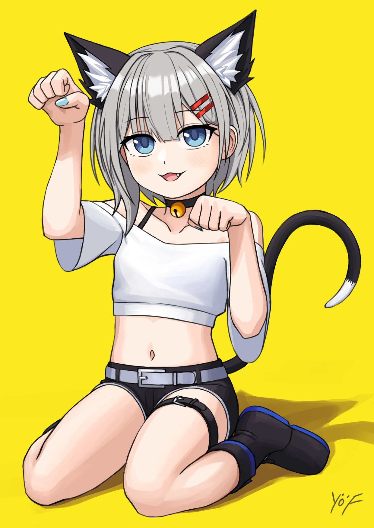 :3, animal_ear_fluff, animal_ears, ankle_boots, arm_up, artist_name, bangs, bare_shoulders