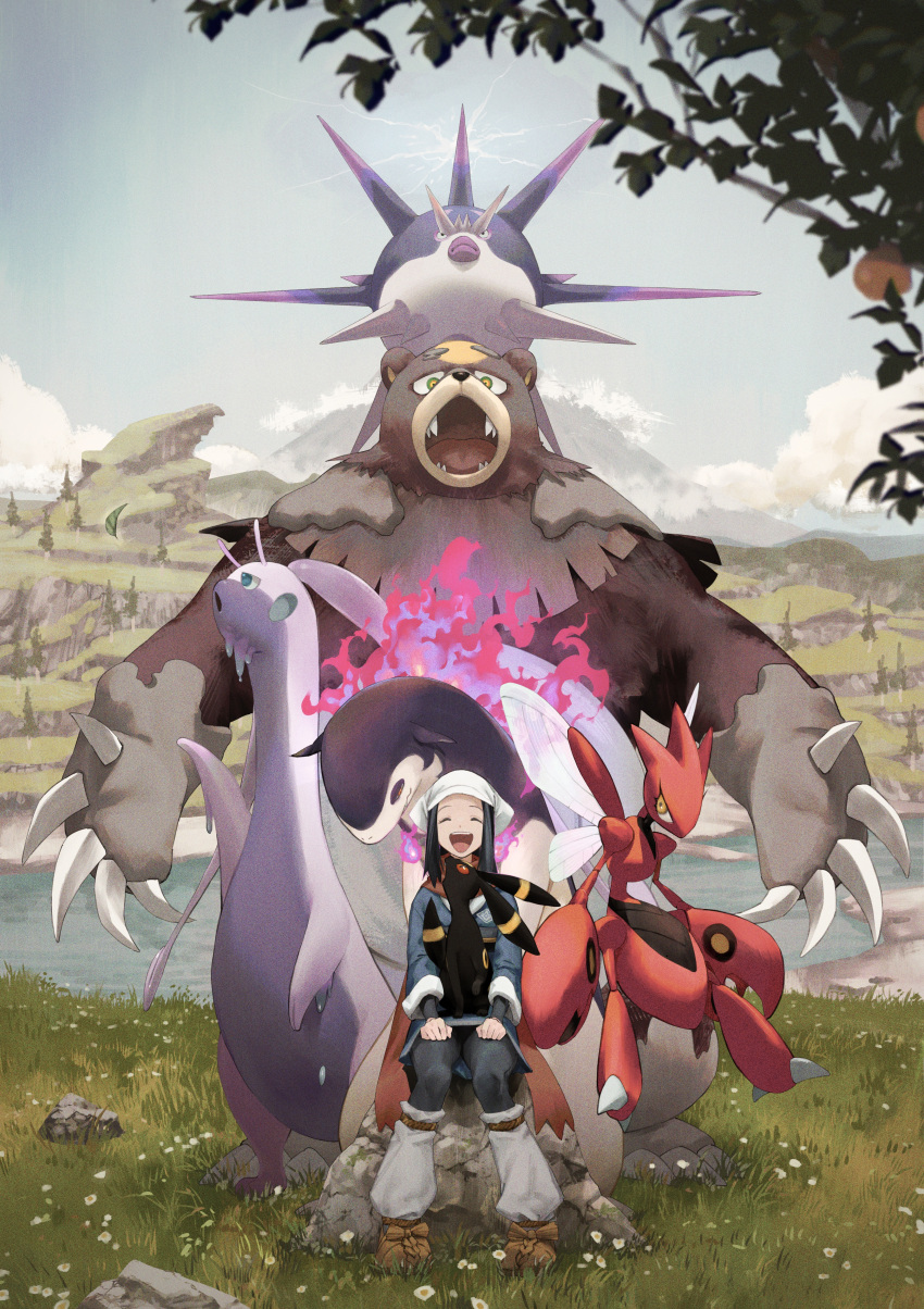 1girl, :d, absurdres, akari_(pokemon), black_hair, brown_footwear, claws, closed_eyes