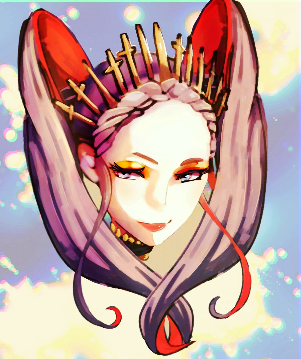 1girl, black_choker, blue_background, choker, cinna_(cinnavici), colored_inner_hair, english_commentary, eyeshadow