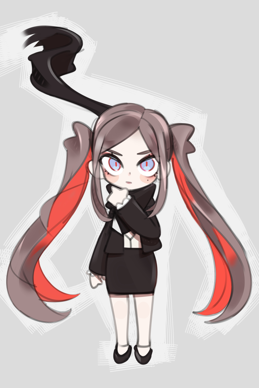 1girl, bangs, black_footwear, black_jacket, black_scarf, black_skirt, blue_eyes, blush