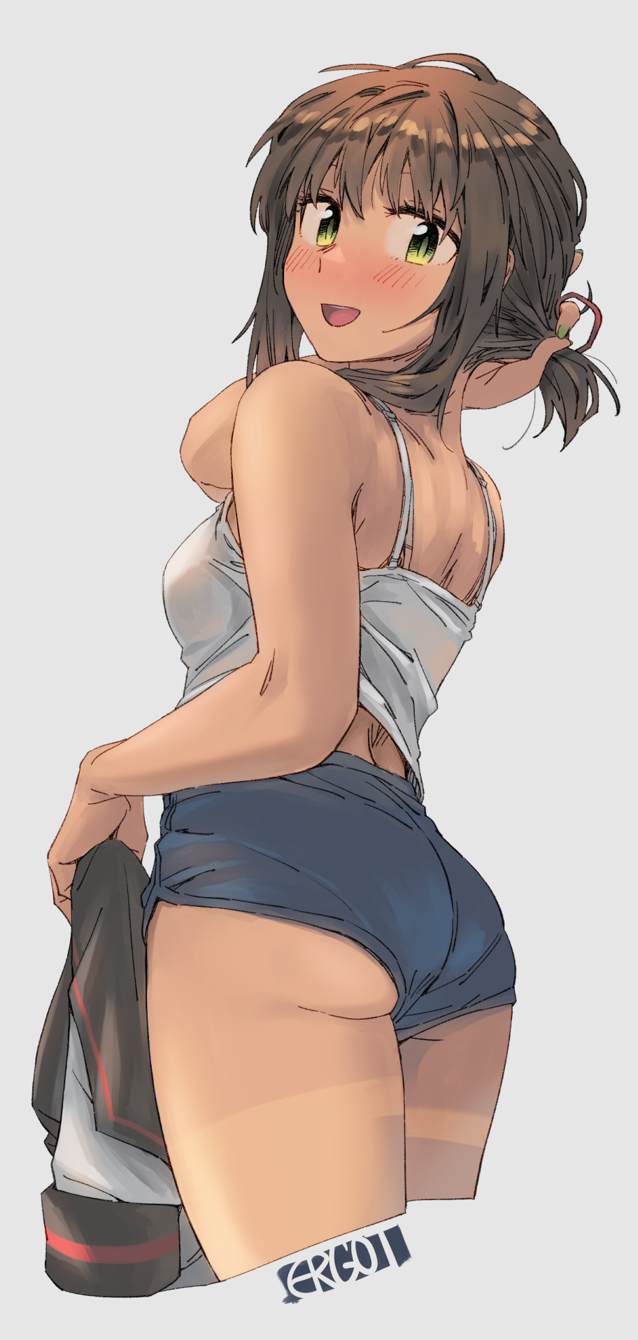 1girl, artist_name, ass, black_sailor_collar, blush, brown_hair, camisole, cowboy_shot