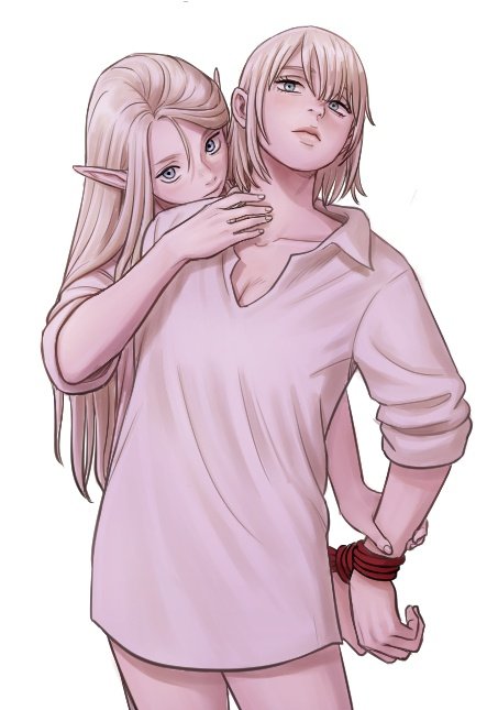 2girls, arm_grab, arms_behind_back, bangs, blonde_hair, blush, bob_cut, bottomless
