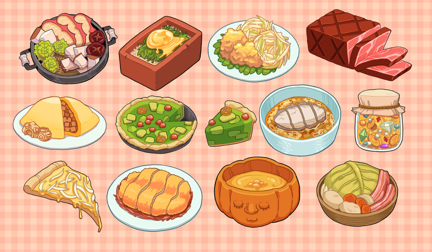 bottle, bowl, brick, cabbage, carrot, cheese, commentary, diamond_(gemstone)