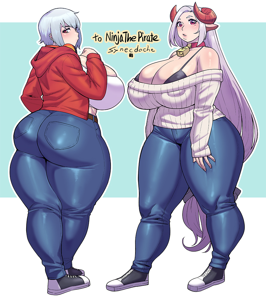 2girls, animal_ears, artist_name, ass, bangs, bell, black_bra, borrowed_character, bra, breasts, commission, cow_ears, cow_girl, cow_horns, cowbell, denim, full_body, hood, hoodie, horns, huge_ass, huge_breasts, jeans, long_hair, looking_at_viewer, looking_back, low-tied_long_hair, mole, mole_under_eye, multiple_girls, neck_bell, off-shoulder_sweater, off_shoulder, original, pants, parted_bangs, plump, red_eyes, ribbed_sweater, shoes, short_hair, silver_hair, skeb_commission, sleeves_past_wrists, sneakers, strapless, sweater, synecdoche, thick_thighs, thighs, tube_top, underwear, very_long_hair