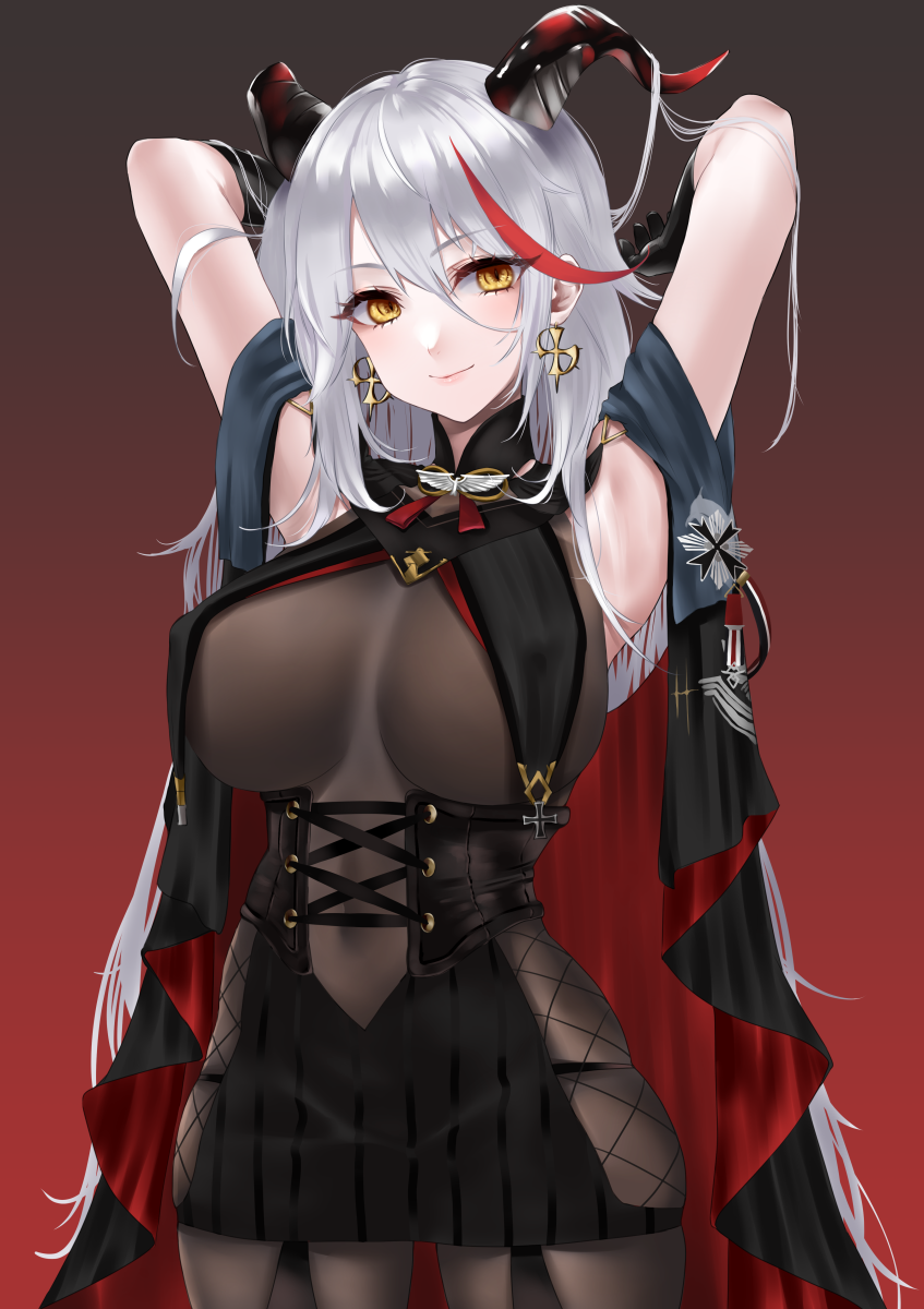 1girl, aegir_(azur_lane), armpits, arms_behind_head, azur_lane, bangs, black_cloak, black_dress, black_gloves, bodystocking, breasts, cloak, closed_mouth, demon_horns, dress, earrings, eyebrows_visible_through_hair, feet_out_of_frame, gloves, highres, horns, jewelry, large_breasts, lips, long_hair, looking_at_viewer, lyche_(lychexo), multicolored_hair, presenting_armpit, silver_hair, simple_background, smile, solo, standing, yellow_eyes