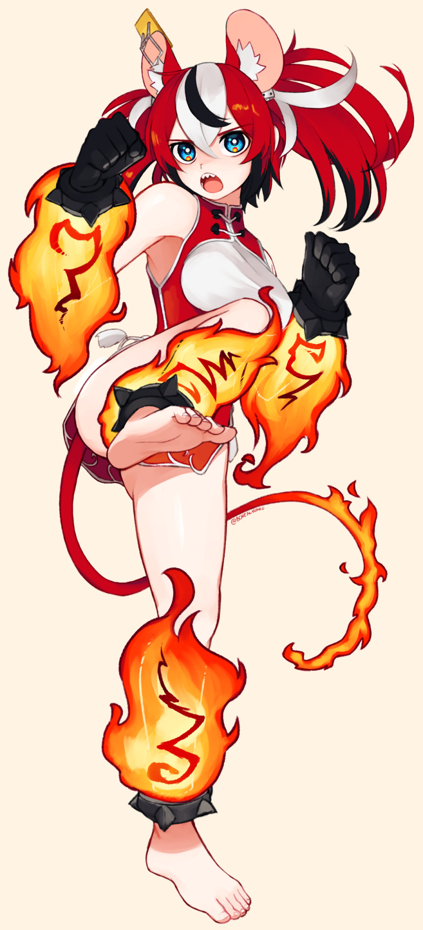 1girl, animal_ear_fluff, animal_ears, bangs, bare_shoulders, barefoot, black_gloves, black_hair