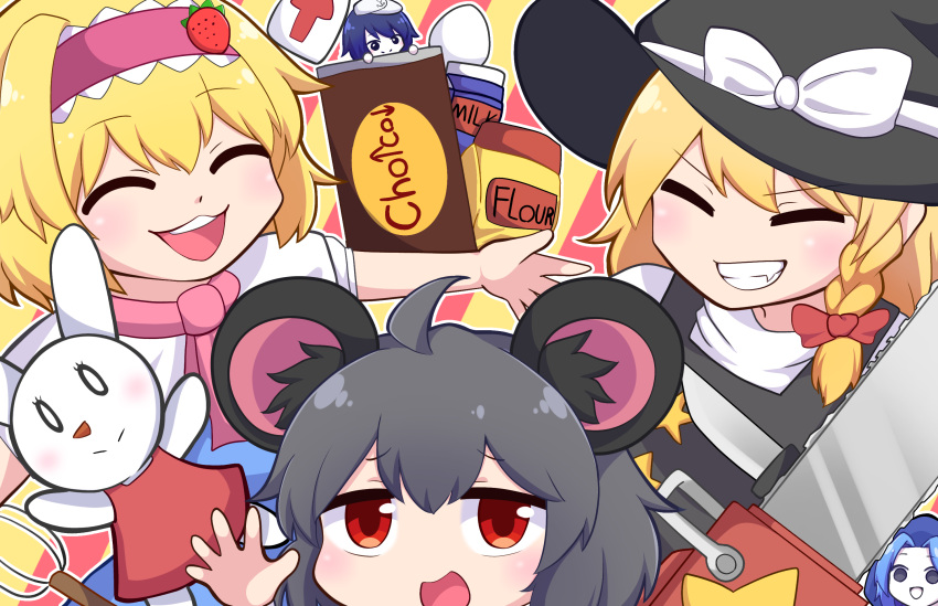 5girls, ahoge, alice_margatroid, animal_ears, arrow_(symbol), bangs, black_headwear, blonde_hair