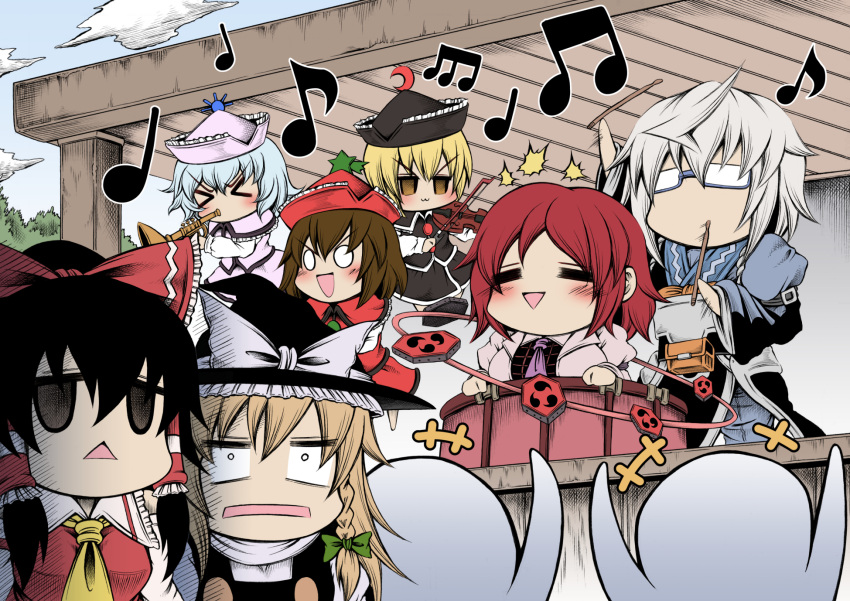 1boy, 6+girls, comedy, drum, drumming, hakurei_reimu, hidefu_kitayan, highres