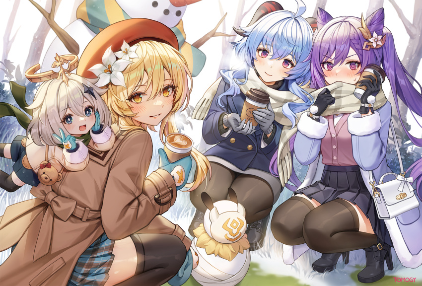 4girls, :d, ahoge, aqua_gloves, artist_name, bag, bangs, black_footwear, black_gloves, black_legwear, blonde_hair, blue_eyes, blue_hair, blue_skirt, blush, braid, buttons, closed_mouth, coffee, cup, double-breasted, double_bun, eyebrows_visible_through_hair, flower, fur-trimmed_sleeves, fur_trim, ganyu_(genshin_impact), genshin_impact, gloves, goat_horns, grey_gloves, grin, hair_between_eyes, hair_cones, hair_flower, hair_ornament, hairpin, halo, hat, high_heels, highres, holding, holding_cup, horns, keqing_(genshin_impact), long_hair, long_sleeves, looking_at_viewer, lumine_(genshin_impact), medium_hair, miniskirt, multiple_girls, open_mouth, outdoors, paimon_(genshin_impact), pantyhose, plaid, plaid_scarf, plaid_skirt, pleated_skirt, purple_hair, ringlets, scarf, shared_scarf, short_hair, sidelocks, skirt, smile, snowman, squatting, steam, sweatdrop, thigh-highs, tomogy, twintails, violet_eyes, watermark, white_flower, white_hair, winter_clothes, yellow_eyes, yuri
