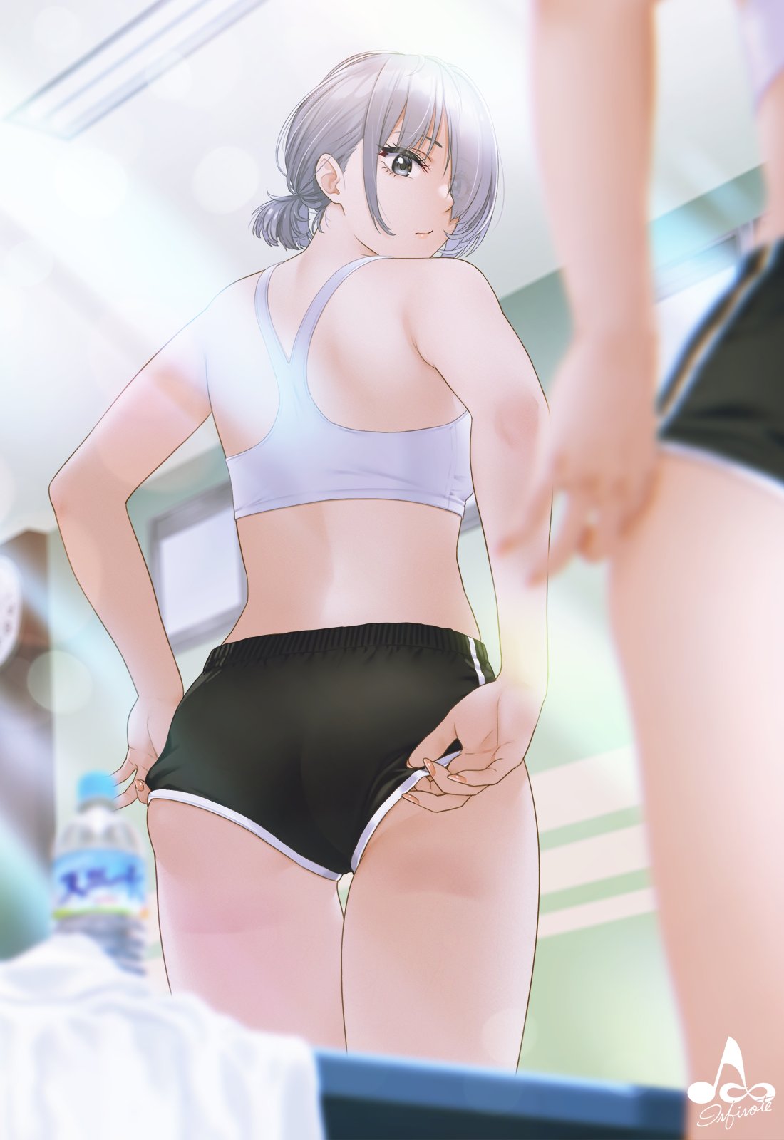 1girl, adjusting_clothes, adjusting_panties, ass, bare_shoulders, black_panties, blurry, blurry_background, bottle, bra, closed_mouth, eyebrows_visible_through_hair, from_behind, grey_eyes, grey_hair, hair_over_one_eye, highres, indoors, infinote, looking_at_viewer, mirror_image, nail_polish, original, panties, pink_nails, ponytail, short_hair, solo, sports_bra, sports_panties, symbol-only_commentary, underwear, watermark, white_bra, window