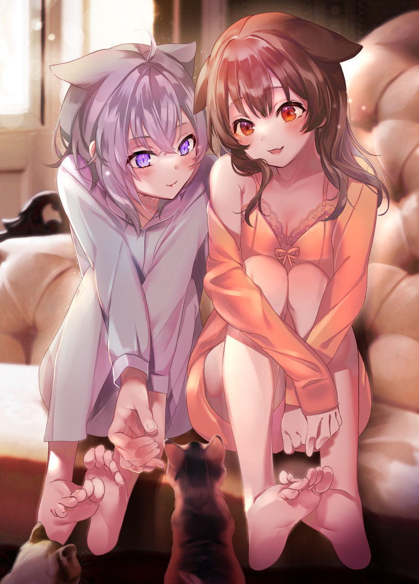 2girls, absurdres, animal_ears, barefoot, blush, brown_hair, cat_ears, cat_girl, dangle_earrings, dog_girl, earrings, eye_contact, feet, full_body, highres, hololive, indoors, inugami_korone, inuimahirocha, jewelry, looking_at_another, loungewear, multiple_girls, nekomata_okayu, pajamas, purple_hair, sitting, violet_eyes