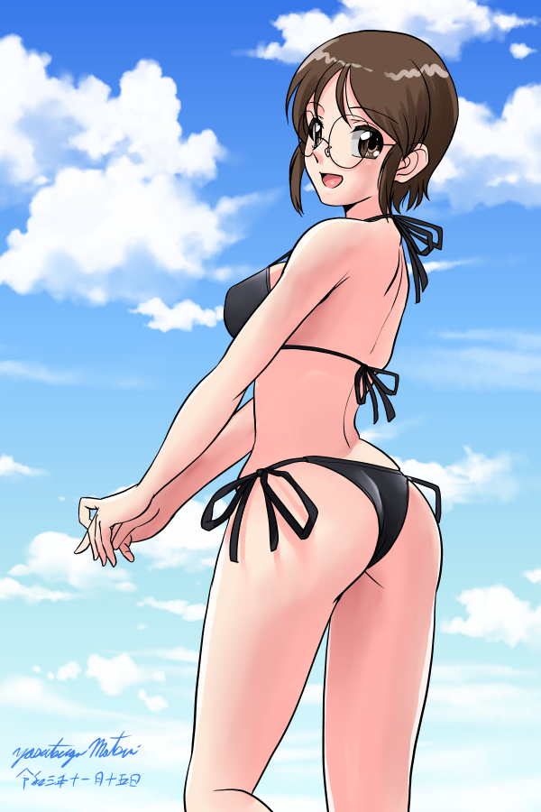 1girl, artist_name, ass, back, bangs, bikini, black_bikini, blue_sky