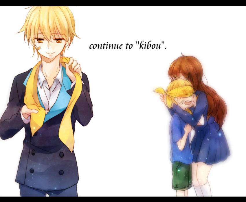 1boy, 1girl, bandaid, bandaid_on_face, blonde_hair, blue_serafuku, brown_hair, corpse_party