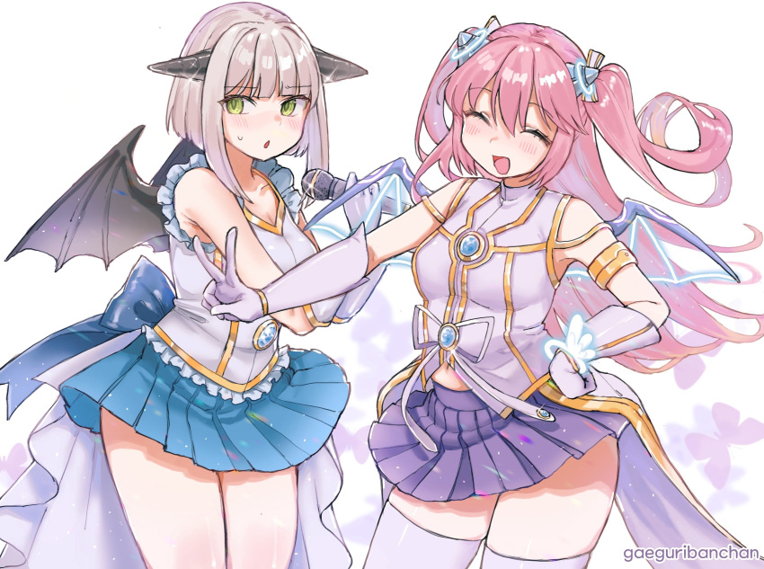 2girls, :d, absurdres, angelic_buster, artist_name, bangs, black_wings, blue_skirt