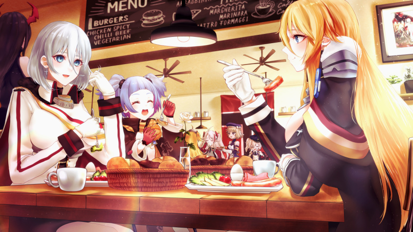 6+girls, admiral_hipper_(azur_lane), arm_up, azur_lane, bangs, bismarck_(azur_lane), black_hair, blonde_hair