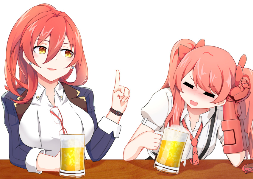 2girls, :d, alcohol, bangs, beer, beer_mug, blue_jacket, blush
