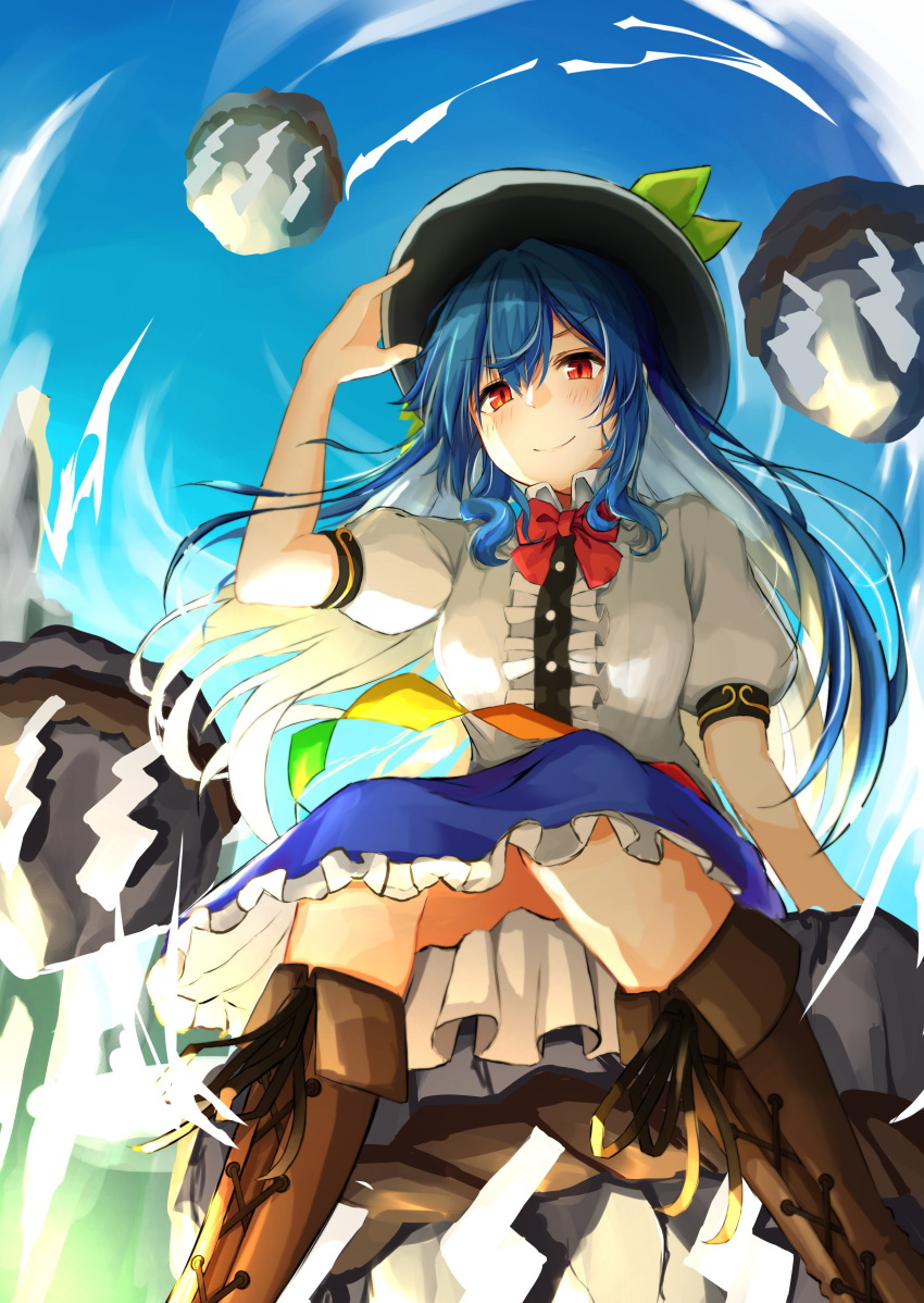 1girl, absurdres, bangs, black_headwear, blue_hair, blue_skirt, blue_sky, boots