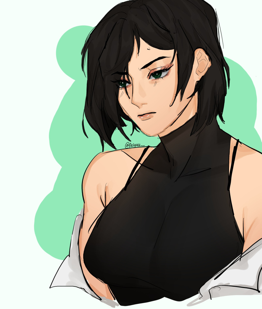 1girl, absurdres, alternate_costume, animification, bare_shoulders, black_dress, black_hair, breasts, dress, feiyuu, green_eyes, hair_behind_ear, highres, jacket, jacket_on_shoulders, medium_breasts, short_hair, simple_background, solo, tired, twitter_username, valorant, viper_(valorant), white_background, white_jacket