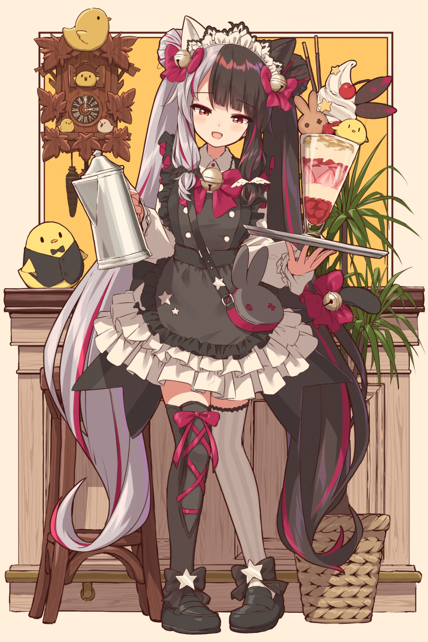 1girl, absurdres, apron, asymmetrical_legwear, bag, bangs, bell, bird