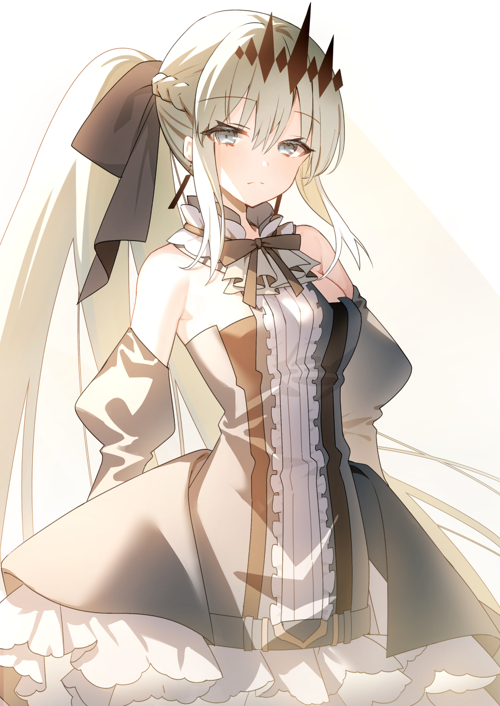 1girl, black_bow, blue_dress, bow, braid, center_frills, cosplay, detached_collar