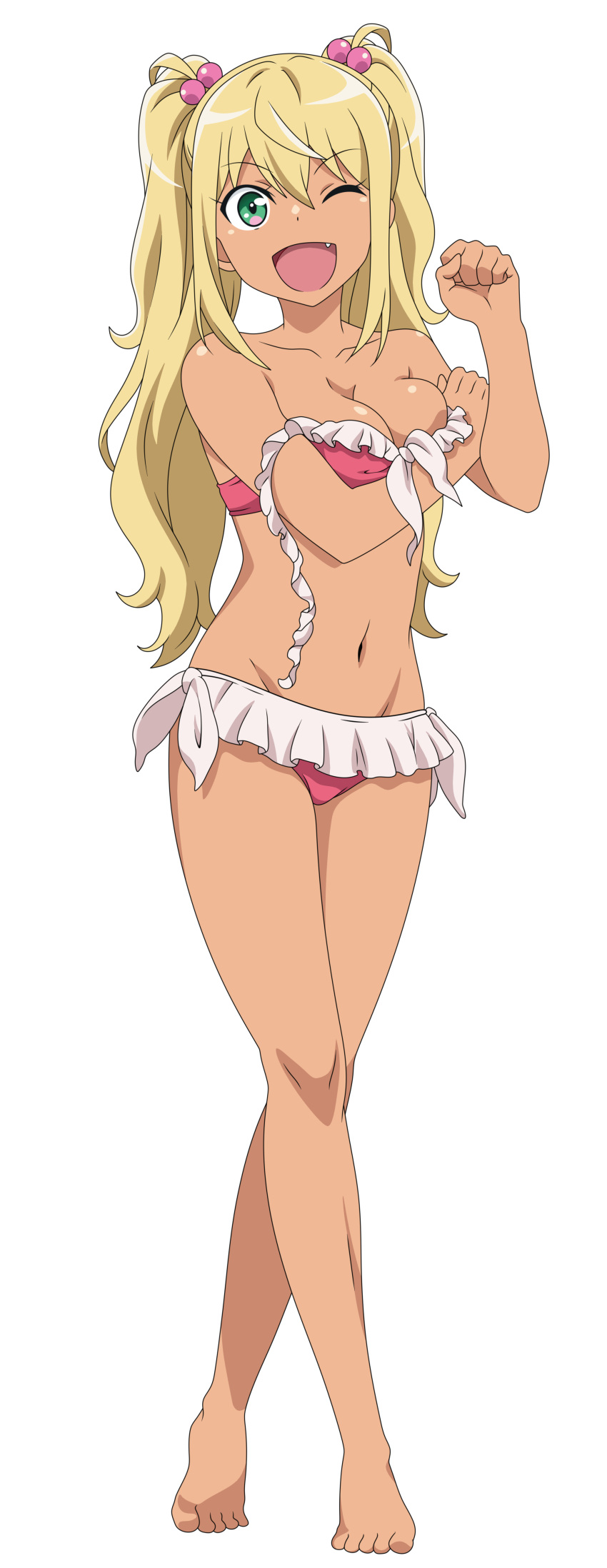1girl, absurdres, bangs, bare_shoulders, bikini, blonde_hair, breasts, clenched_hand