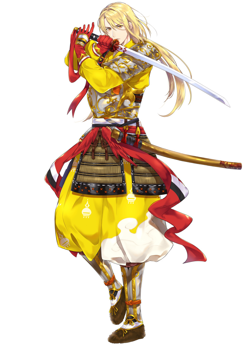 1boy, absurdres, armor, artist_request, blonde_hair, check_translation, crossed_arms, gloves