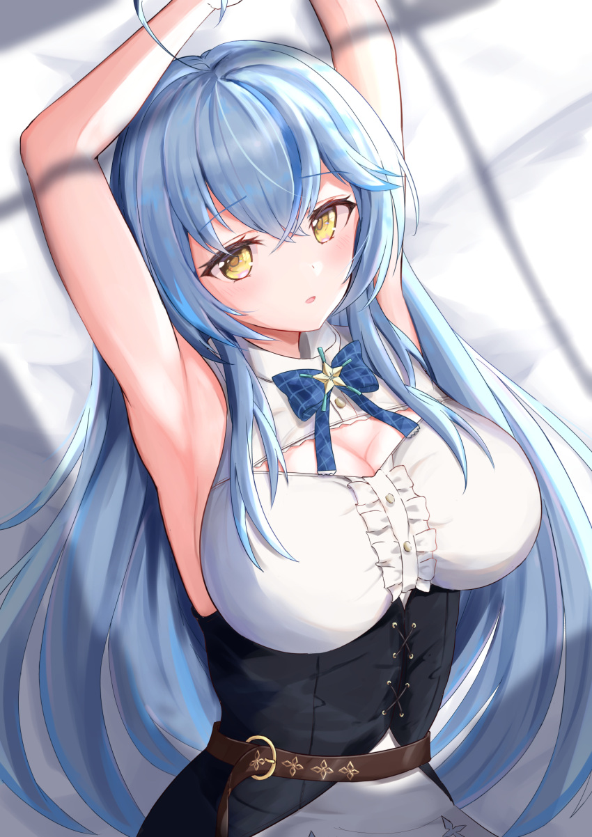 ahoge, armpits, arms_up, bangs, black_corset, blue_hair, bow, bowtie