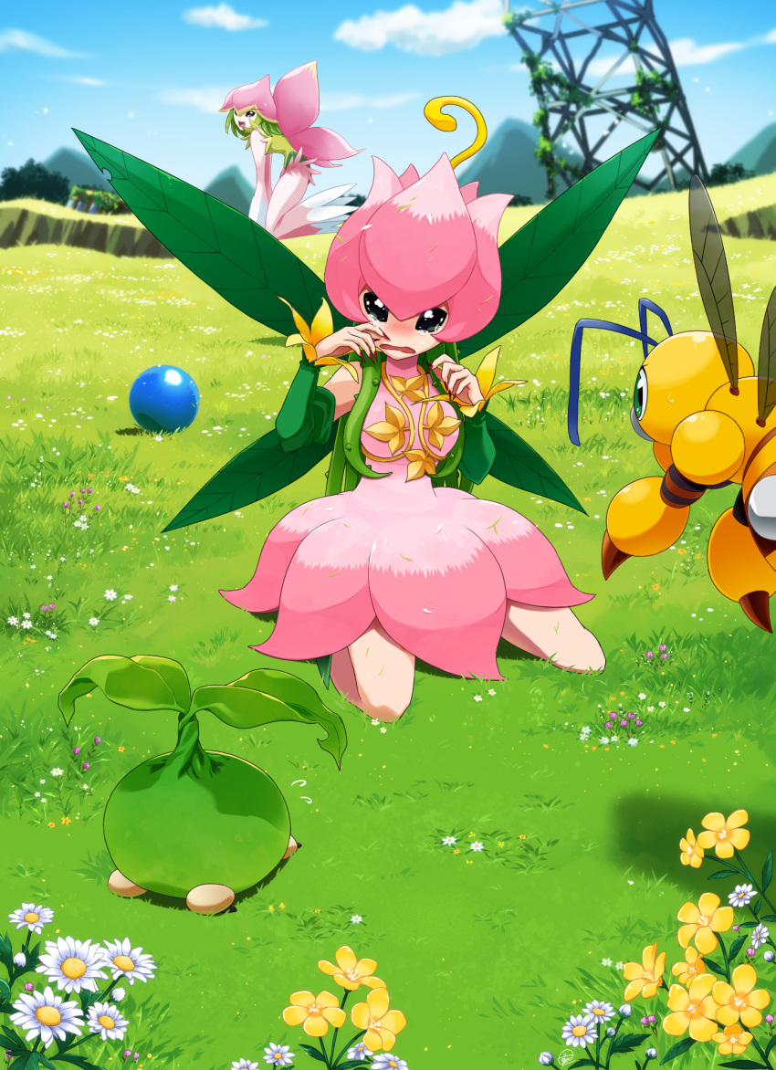 2girls, ball, bangs, bare_shoulders, blue_sky, blurry, breasts, clouds, commentary_request, creature, crying, crying_with_eyes_open, day, depth_of_field, detached_sleeves, digimon, digimon_(creature), dress, eyebrows_visible_through_hair, field, fingernails, floating, flower, flower_wings, flying_sweatdrops, fujihana_(mugenpixel), full_body, funbeemon, grass, green_eyes, green_hair, green_sleeves, grey_eyes, hat, highres, leaf_wings, lilamon, lillymon, long_fingernails, long_hair, looking_at_another, medium_breasts, medium_hair, multiple_girls, open_mouth, outdoors, partial_commentary, pink_dress, pink_headwear, plant, red_nails, shadow, sharp_fingernails, sitting, sky, sleeveless, sleeveless_dress, sweat, tanemon, tears, transmission_tower, vines, wariza, wavy_mouth, wings