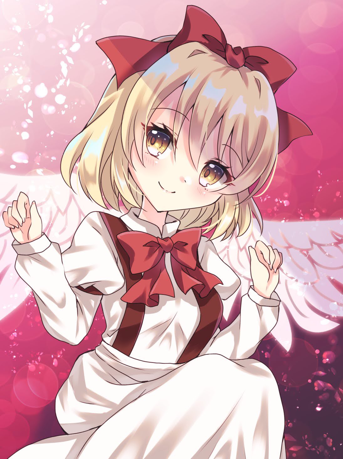 1girl, angel_wings, blonde_hair, bow, breasts, dress, feathered_wings, gengetsu_(touhou), hair_bow, highres, long_sleeves, lotus_land_story, nami7711, puffy_sleeves, red_bow, ribbon, short_hair, skirt, smile, solo, touhou, touhou_(pc-98), vest, wings, yellow_eyes