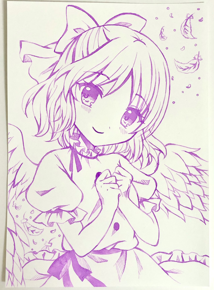1girl, angel_wings, bow, dress, feathered_wings, hair_bow, highres, looking_at_viewer