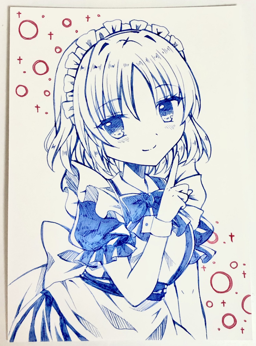 1girl, bangs, breasts, dress, highres, looking_at_viewer, lotus_land_story, maid, maid_headdress, mugetsu_(touhou), nami7711, puffy_sleeves, short_hair, short_sleeves, simple_background, smile, solo, touhou, touhou_(pc-98), white_background