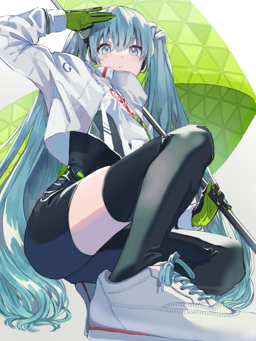 1girl, aqua_eyes, aqua_hair, bangs, flag, flagpole, gloves, goodsmile_racing