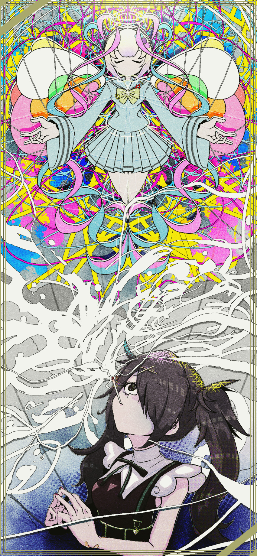 2girls, abstract, absurdres, ame-chan_(needy_girl_overdose), bane_mk-2, black_eyes, black_hair, black_ribbon, blue_hair, bow, chouzetsusaikawa_tenshi-chan, closed_eyes, drugs, dual_persona, hair_ornament, hair_over_one_eye, halo, highres, long_hair, looking_up, multicolored_hair, multiple_girls, neck_ribbon, needy_girl_overdose, outstretched_arms, own_hands_together, pink_hair, pleated_skirt, quad_tails, red_nails, ribbon, sailor_collar, school_uniform, serafuku, skirt, smoke, smoking, stained_glass, steepled_fingers, suspender_skirt, suspenders, twintails, upper_body, very_long_hair, white_hair, wings, x_hair_ornament, yellow_bow