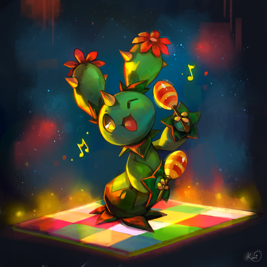 1other, :3, absurdres, arm_up, artist_name, colored_sclera, colored_skin, commentary, dance_floor, dancing, english_commentary, flower, glowing, green_skin, happy, highres, holding, holding_instrument, horns, instrument, koriarredondo, looking_at_viewer, maracas, maractus, music, musical_note, object_namesake, one_eye_closed, open_mouth, other_focus, playing_instrument, pokemon, pokemon_(creature), red_flower, signature, single_horn, smile, solo, spikes, underlighting, yellow_eyes, yellow_sclera