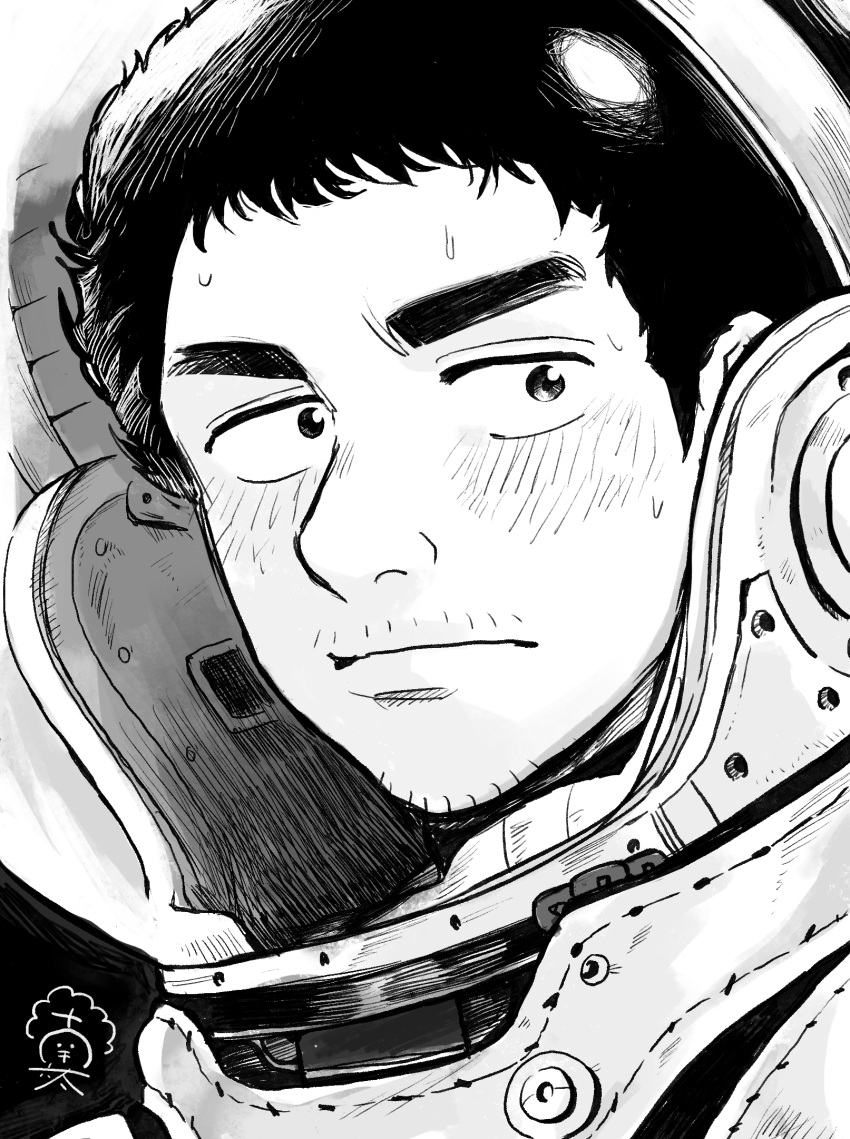 1boy, afro, astronaut, black_hair, blush, facial_hair, greyscale, highres