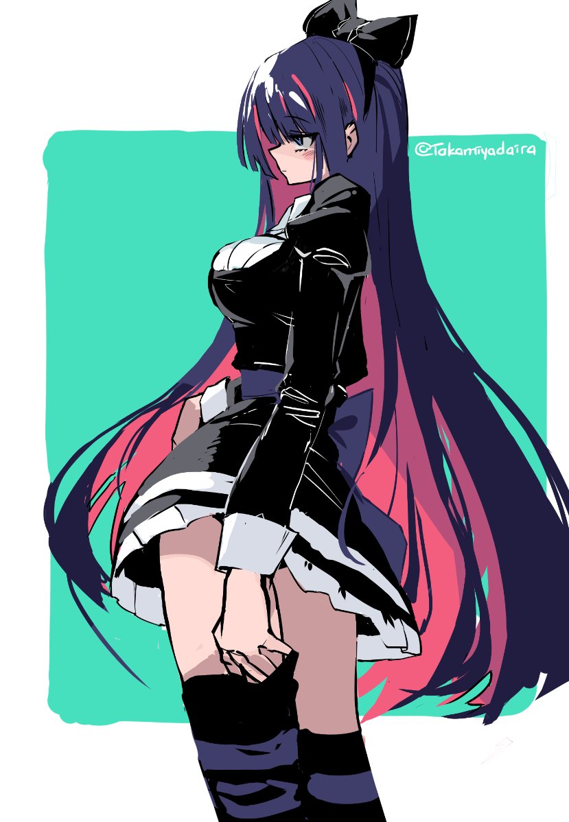 1girl, blush, bow, breasts, contrapposto, from_side, green_bow, green_eyes, large_breasts, long_hair, multicolored_hair, panty_&amp;_stocking_with_garterbelt, purple_hair, solo, stocking_(psg), streaked_hair, takamiyadaira, thigh-highs, thighhighs_pull, thighs, twitter_username, white_bow