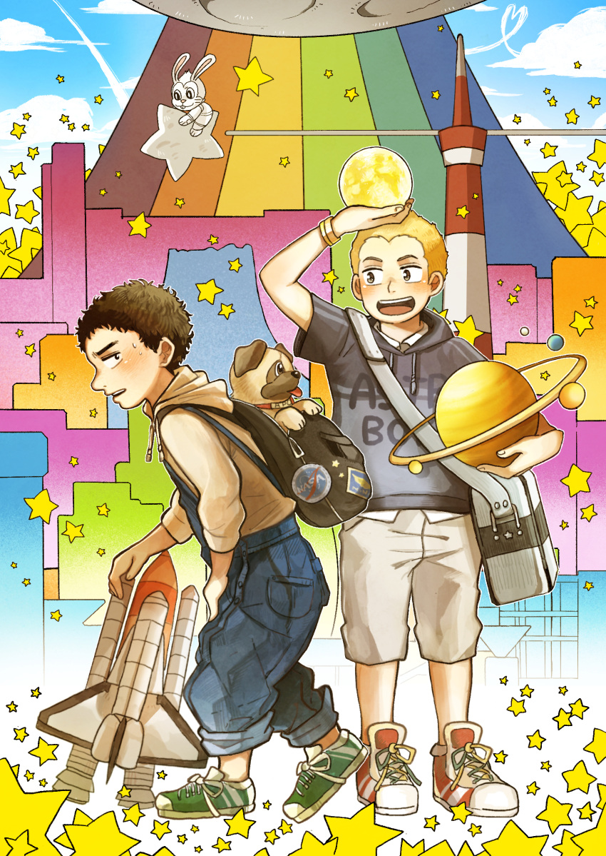 2boys, :d, absurdres, apo_(uchuu_kyoudai), backpack, bag, black_hair, blue_sky