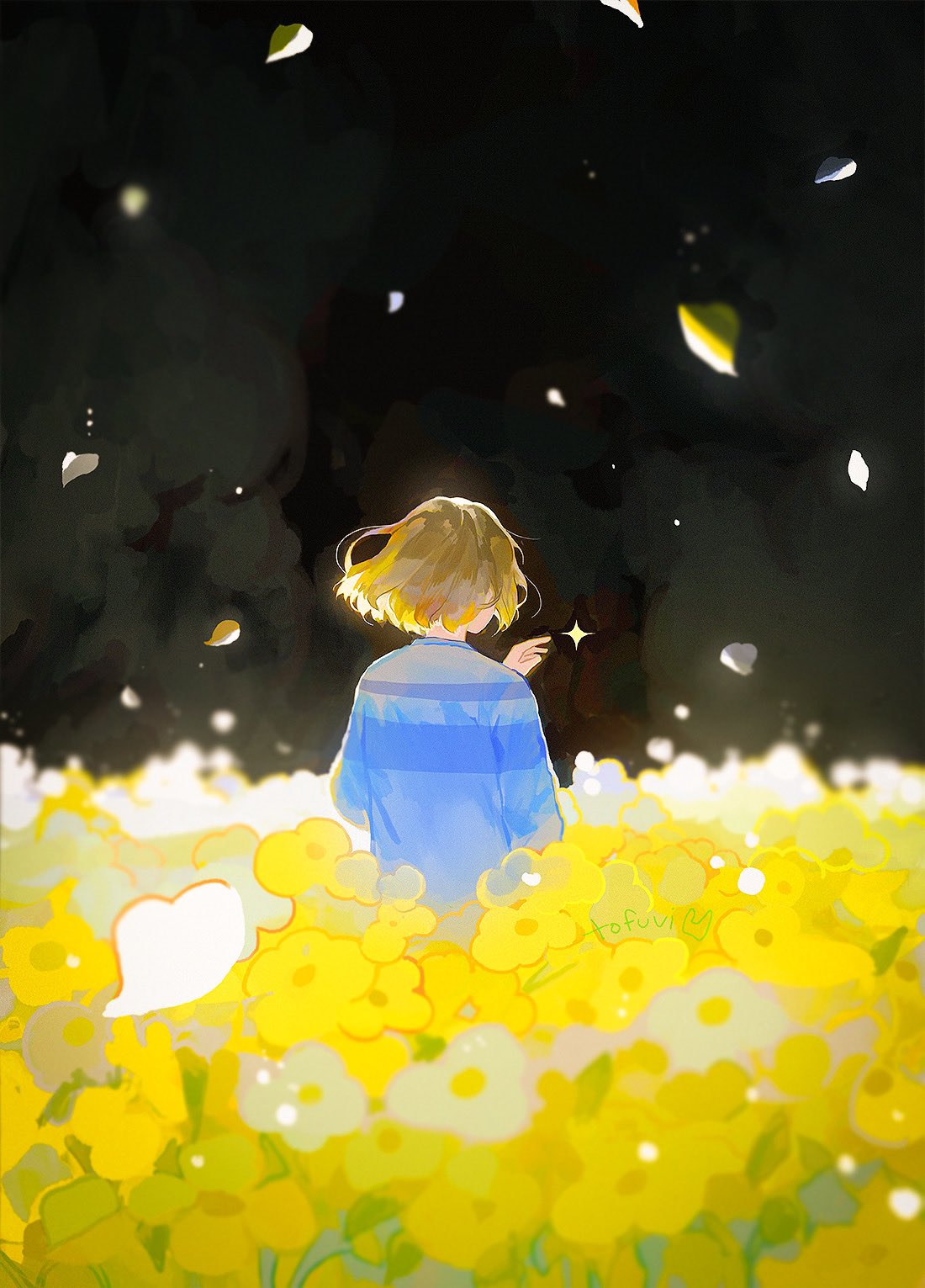 1other, blue_sweater, brown_hair, buttercup_(flower), commentary, english_commentary, falling_petals, field