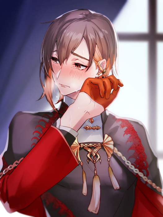 1boy, blush, brown_hair, cape, colored_inner_hair, crying, curtains, ear_piercing