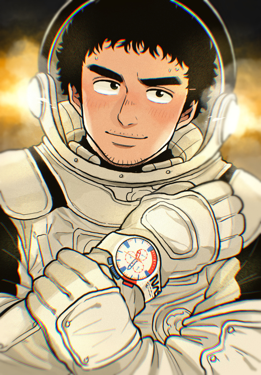1boy, afro, backlighting, black_eyes, black_hair, blush, facial_hair, hand_on_own_arm