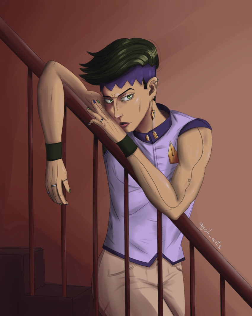 anime, ayoh_arts, ear_piercing, green_eyes, green_hair, jojo&amp;#039;s_bizarre_adventure, jojo_no_kimyou_na_bouken, kishibe_rohan