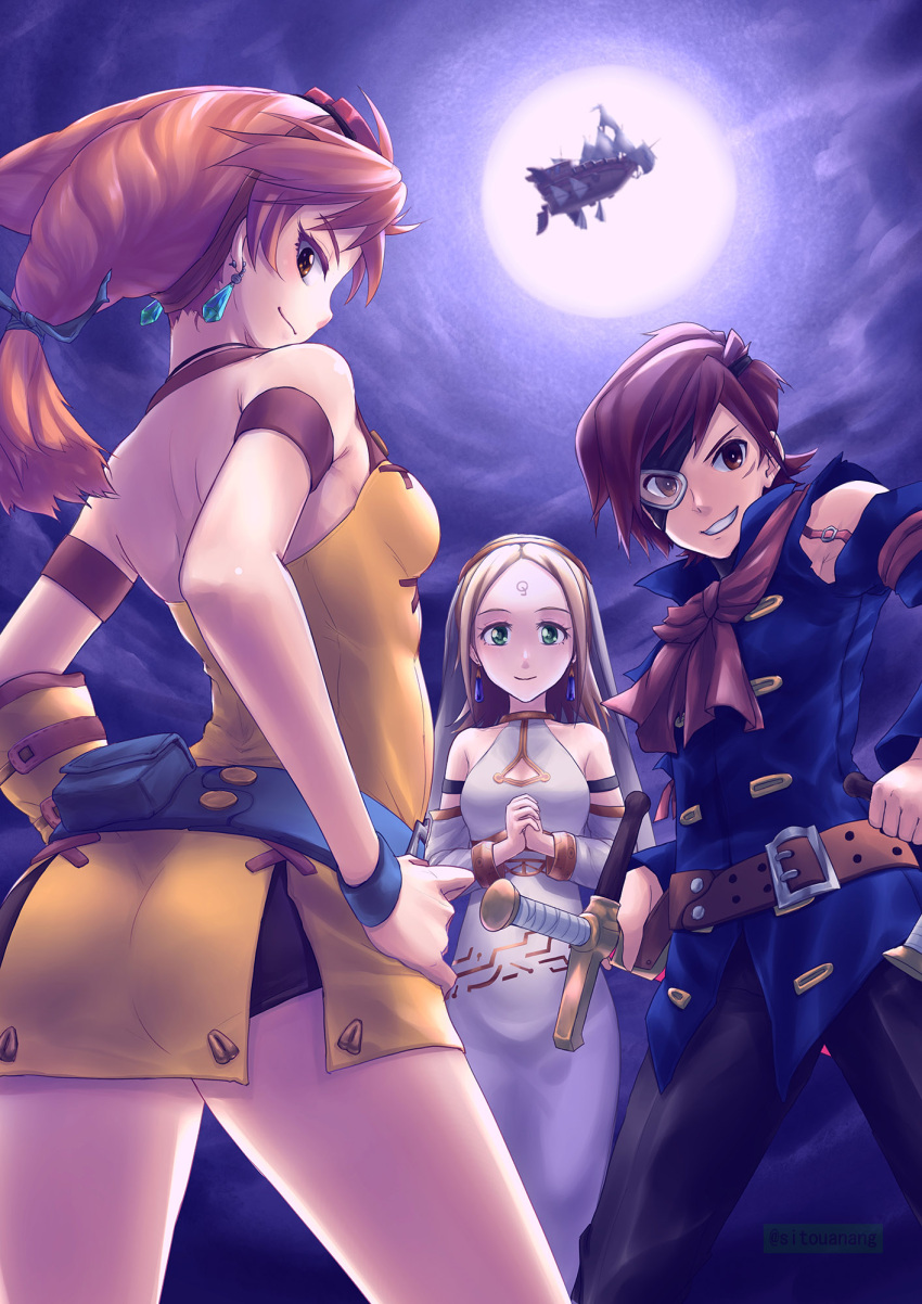 1boy, 2girls, aika_(eternal_arcadia), aircraft, airship, ass, bangs, belt
