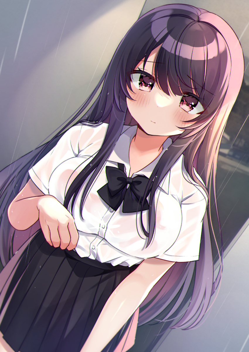 1girl, bangs, black_bow, black_skirt, blush, bow, breasts, closed_mouth