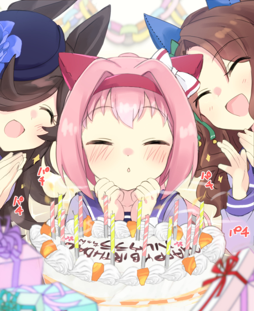 3girls, :d, ^_^, animal_ears, bangs, birthday_cake, black_headwear, blowing_candle