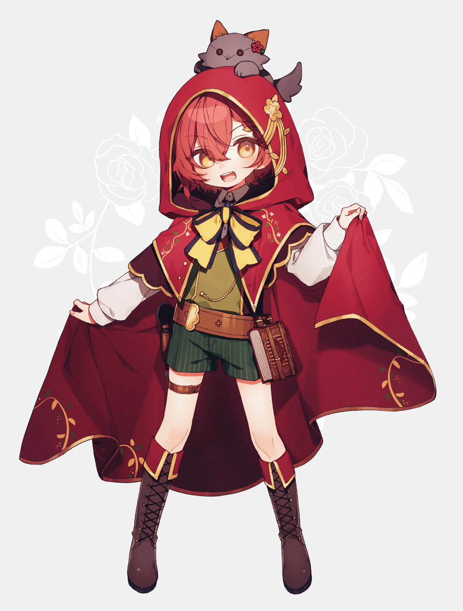 1boy, animal_on_head, book, boots, cape, cat, cat_on_head, coojisan