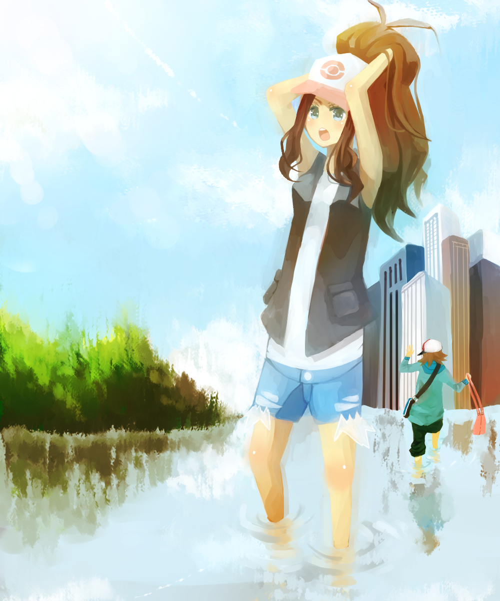 antenna_hair, armpits, arms_up, bag, baseball_cap, blue_eyes, brown_hair, buildings, clouds, duo, female, forest, hand_in_hair, hat, high_ponytail, hukup, jacket, long_hair, male, messenger_bag, nintendo, open_mouth, pants, pokemon, pokemon_(game), pokemon_black_and_white, ponytail, short_hair, short_shorts, shorts, sky, touko_(pokemon), touya_(pokemon), tree, vest, water